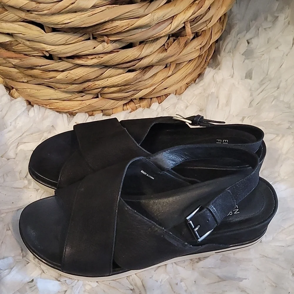 Eileen fisher Criss Cross Tumbled Leather Wedges Slingback Summer Shoes Size 8
